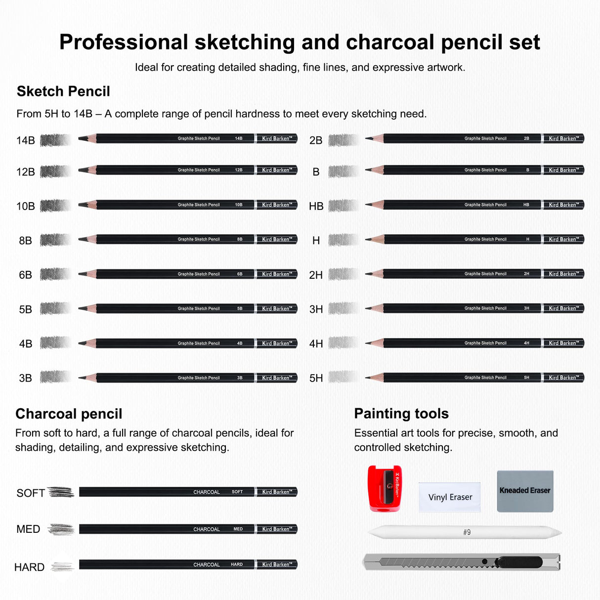 Kird Barken 24PCS Professional Sketch Pencil Set – 5H to 14B Pencils, Charcoal Pencils, Art Supplies Kit with Erasers, Sharpener, Knife – Ideal Gift for Artists, Students, Kids, Beginners Kird Barken