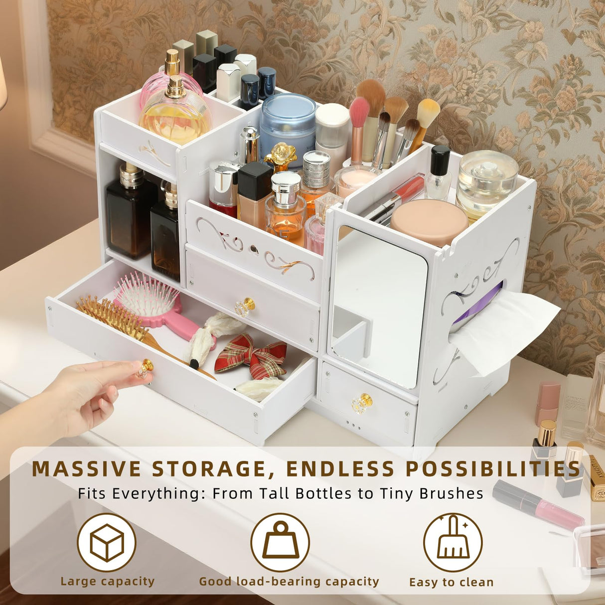 Wtufaelk Wooden Makeup Organizer for Vanity - Large White Countertop Organizer with Mirror, 3 Drawers & Brush Holder | Cosmetic & Skincare Storage Desk Organizer for Dorm, Bathroom Wtufaelk