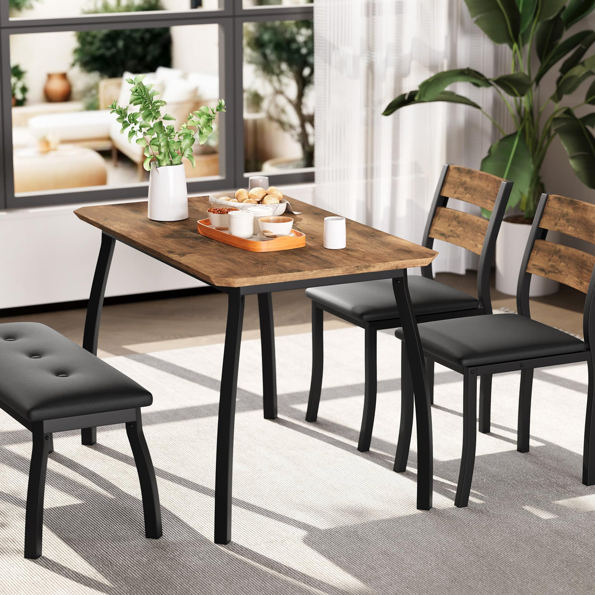 SLEKVERSA 4 Piece Farmhouse Dining Table Set for 4, Space Saving Rustic Kitchen Table with 2 Padded Chairs & Bench, Small Breakfast Nook Furniture Set for Dining Rooms, Apartments, Vintage SLEKVERSA