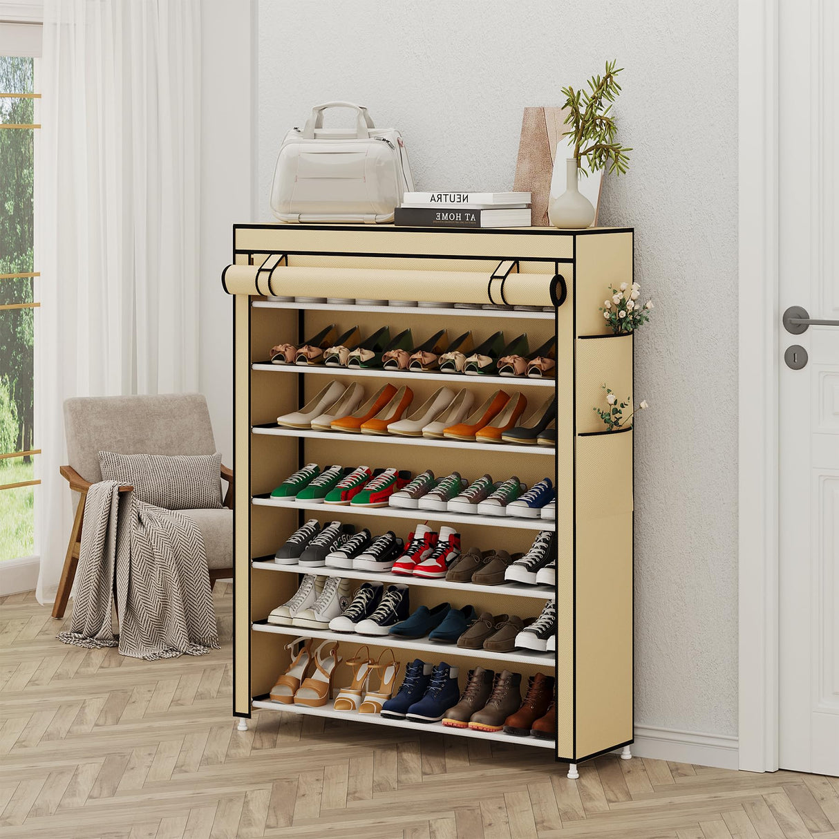 Calmootey 7 Tier Shoe Rack Organizer to Hold 35 Pairs, Portable Shoe Shelf with Nonwoven Fabric Cover for Closet Hallway, Bedroom, Entryway, Beige Calmootey