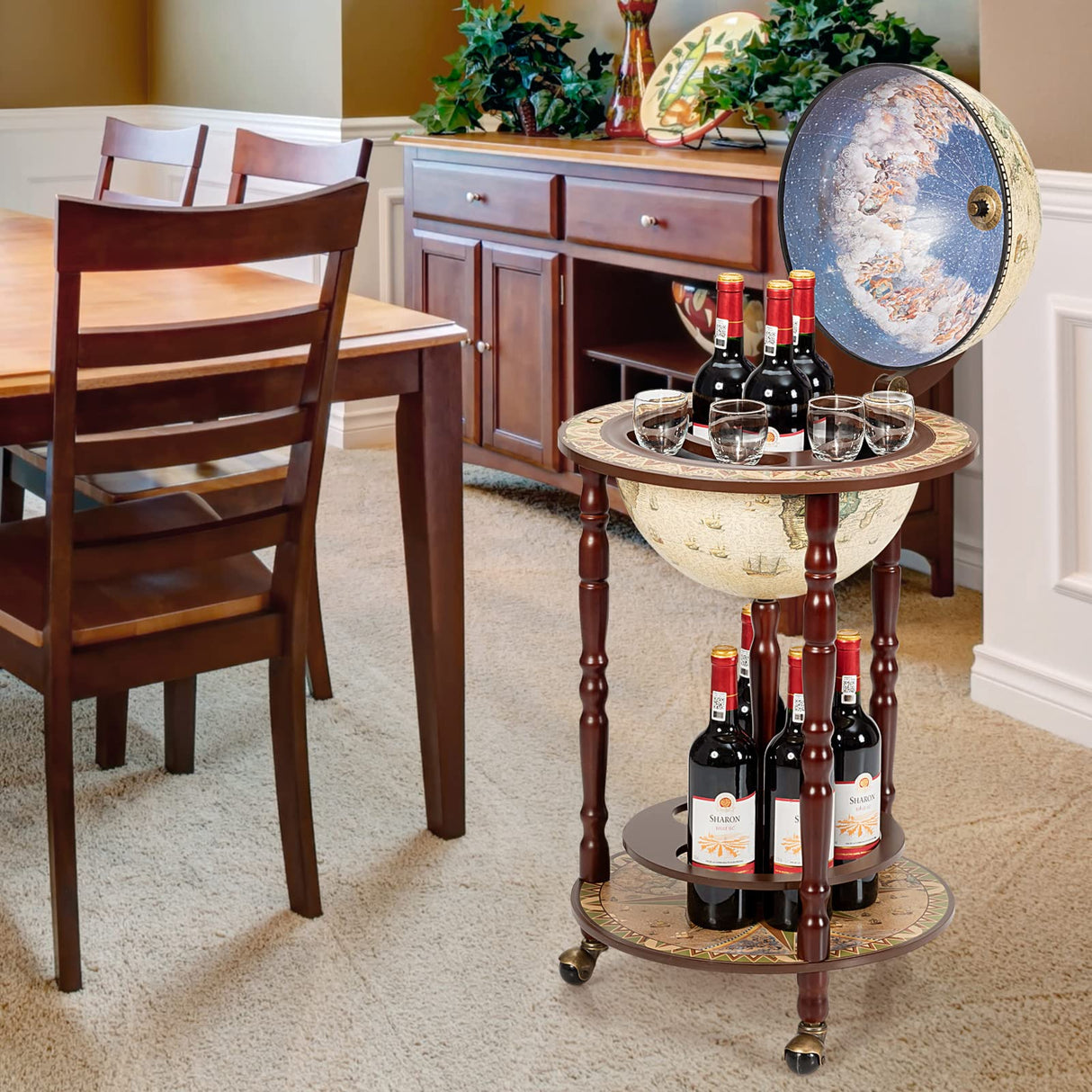 LDAILY Globe Bar, 17.5’’ Wood Antique Wine Bar Stand with Wheels, Bottom Shelf & Old World Map, 16 Century Italian Replica Globe Bar Liquor Cabinet, Large Capacity Bar Cart for Home, Restaurant, Party LDAILY