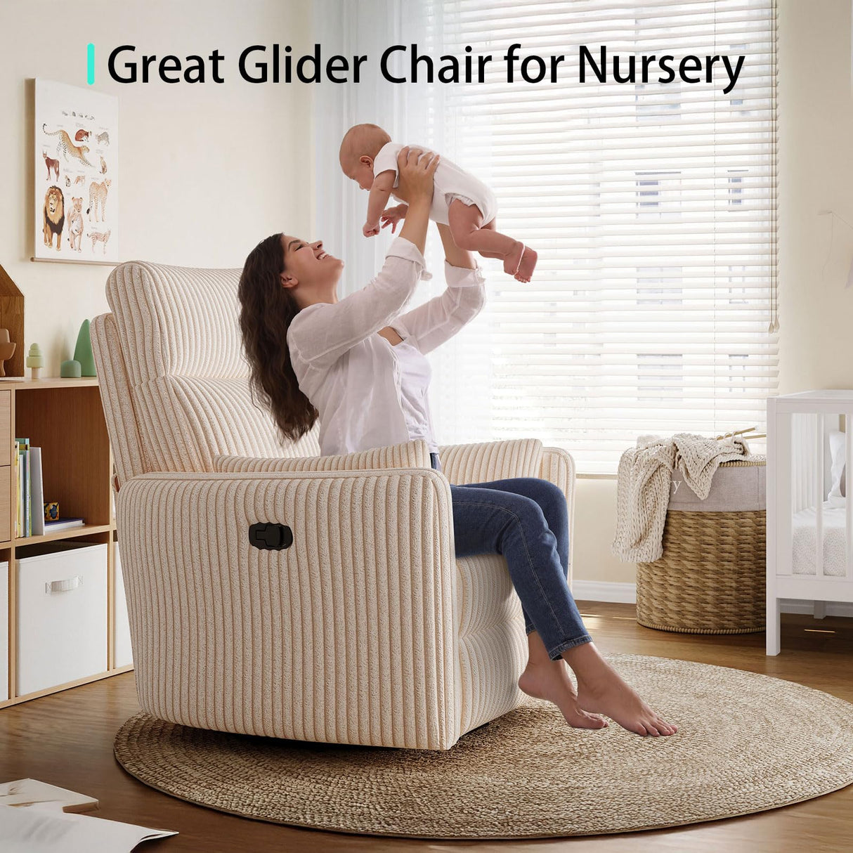 LINSY 360 Swivel Rocker Recliner - Corduroy Nursery Glider Rocking Chair with 2 Pillows, Comfy High Back Adult Recliner for Small Spaces, Nursery Bedroom Living Room Reclining Chairs (Beige) LINSY