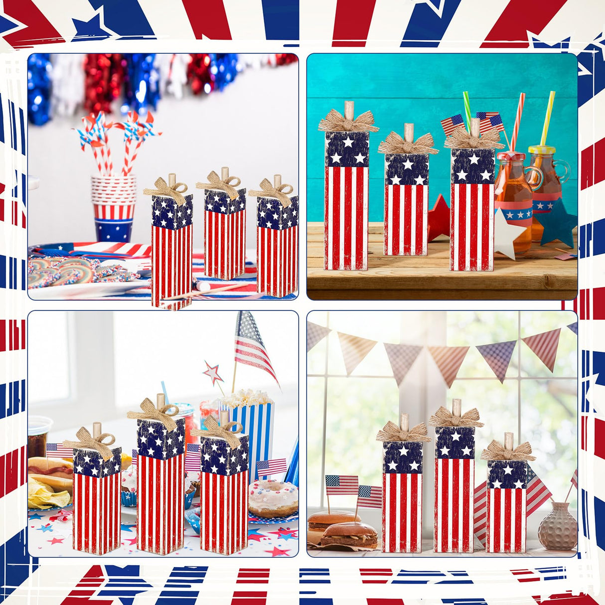 Redbaker 3 Pcs Patriotic Tiered Tray Decor Memorial Day Decorations 4th of July Wood Table Block and Centerpieces Rustic Farmhouse Wooden Firework Sign for Home Tabletop Shelf Decor Redbaker