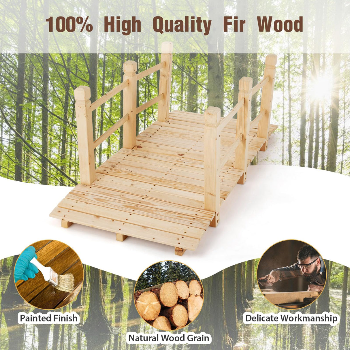 Giantex 5 ft Garden Bridge - Natural Wood Arc Footbridge Walkway with Side Railings, Decorative Wooden Bridge Landscaping for Backyard Farm Garden Creek Pond Decor, Easy to Assemble (Natural) Giantex