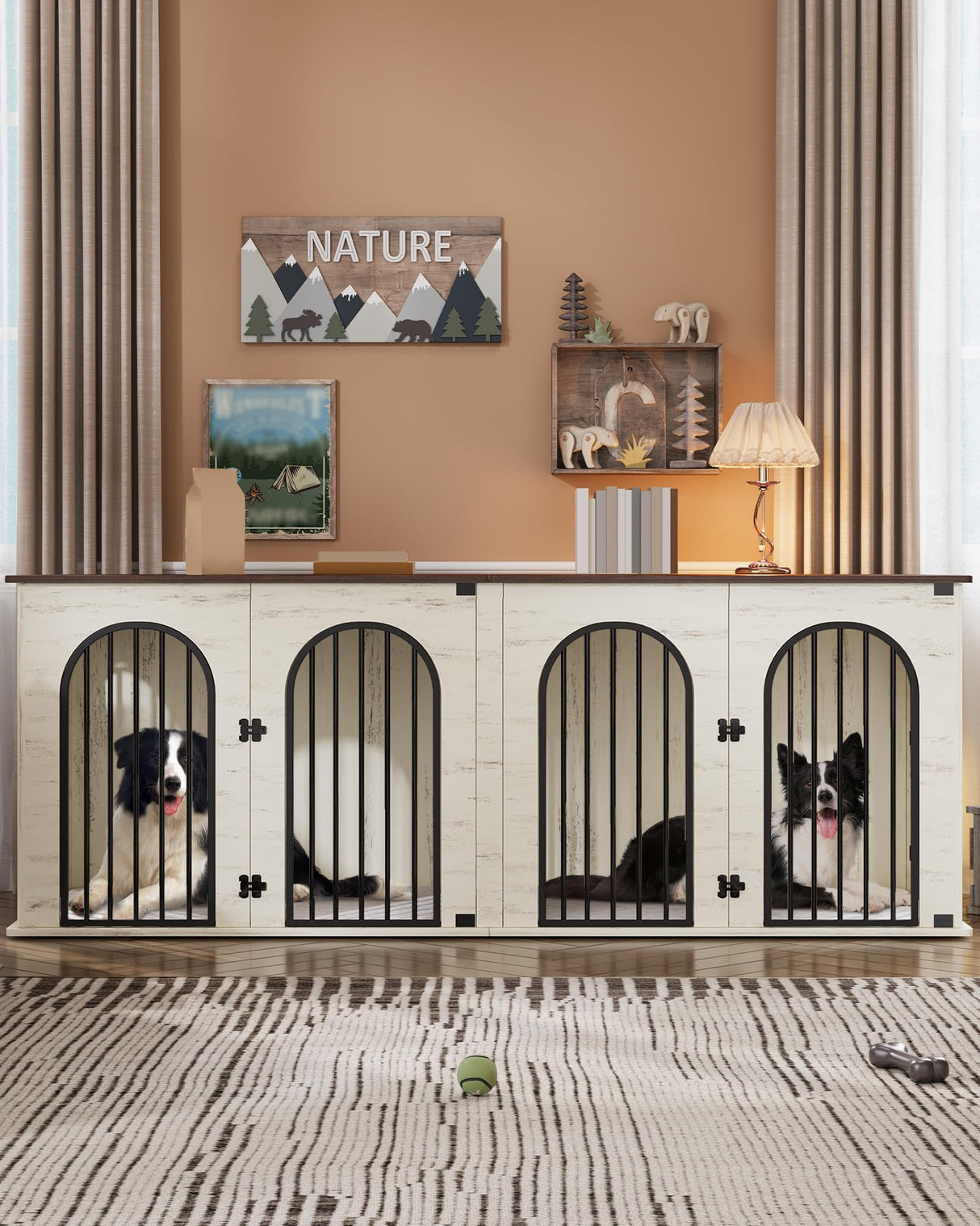 Hzuaneri 88.4" Dog Crate Furniture for 2 Dogs, Heavy Duty Indoor Dog Kennel TV Stand, XXL Wooden Dog Cage with Divider for Medium Large Dogs, End Table Dog Crate with Cushion, White Brown DFC84014BV1 Hzuaneri