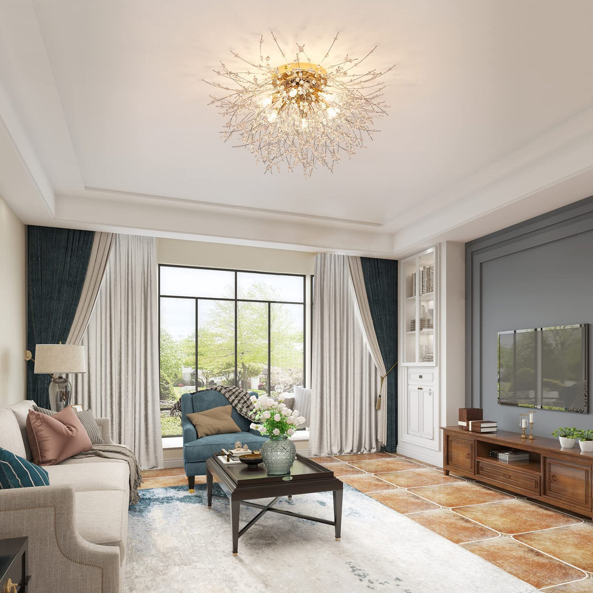 6-Light Sputnik Flush Mount Ceiling Light Fixture, Modern Gold Crystal Firework Ceiling Lights, Close to Ceiling Lamp for Bedroom Kitchen Hallway Entryway Bathroom CM MZY