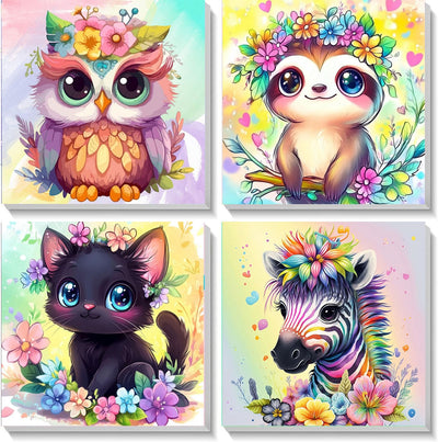 YarnWhimsy 4 Pack Paint by Numbers Kit for Kids with Frame- Animals Paint by Numbers for Kids Ages 4 8 12, Easy Owl Cat Sloth Zebra DIY Acrylic Oil Painting Kits for Home Wall Decor(8X8inch)