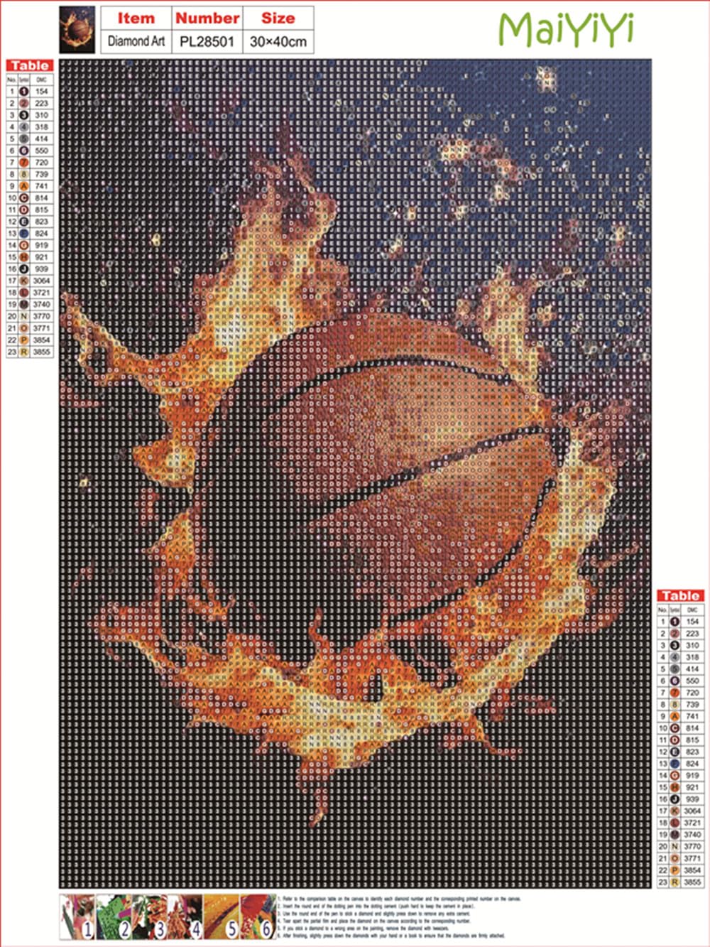 MaiYiYi Fire Basketball Diamond Painting by Numbers 5D Full Round Diamond Painting Basketball Diamond Painting Cross Stitch Kit Ball Lover Diamond Painting for Adult Wall Art Decor (30X40 CM) MaiYiYi