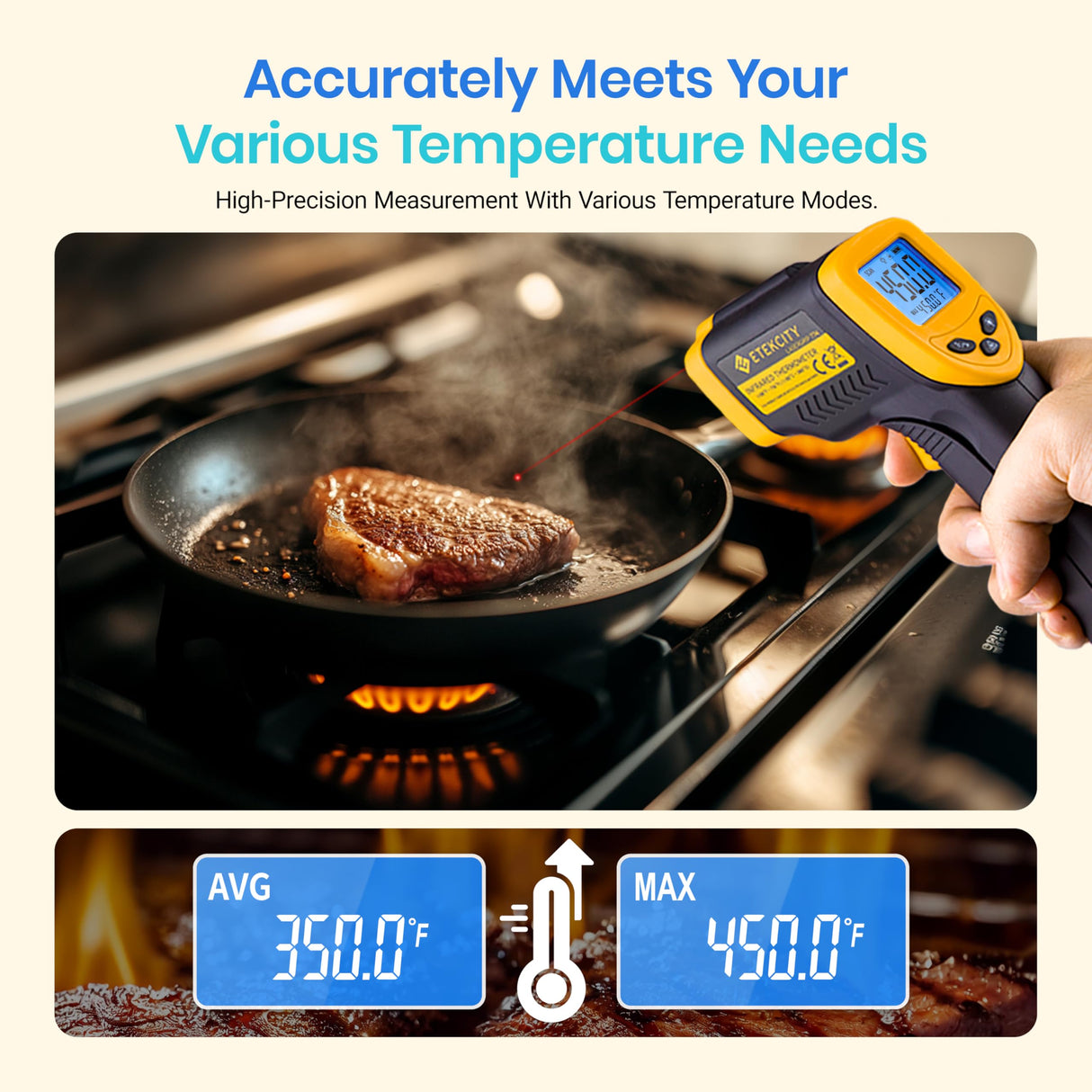 Etekcity Infrared Thermometer Laser Temperature Gun 774, Meat Food Candy Oven Thermometer for Griddle Accessories, Heat Gun for Cooking Refrigerator Tools, Yellow, -58ยฐF to 842ยฐF Etekcity
