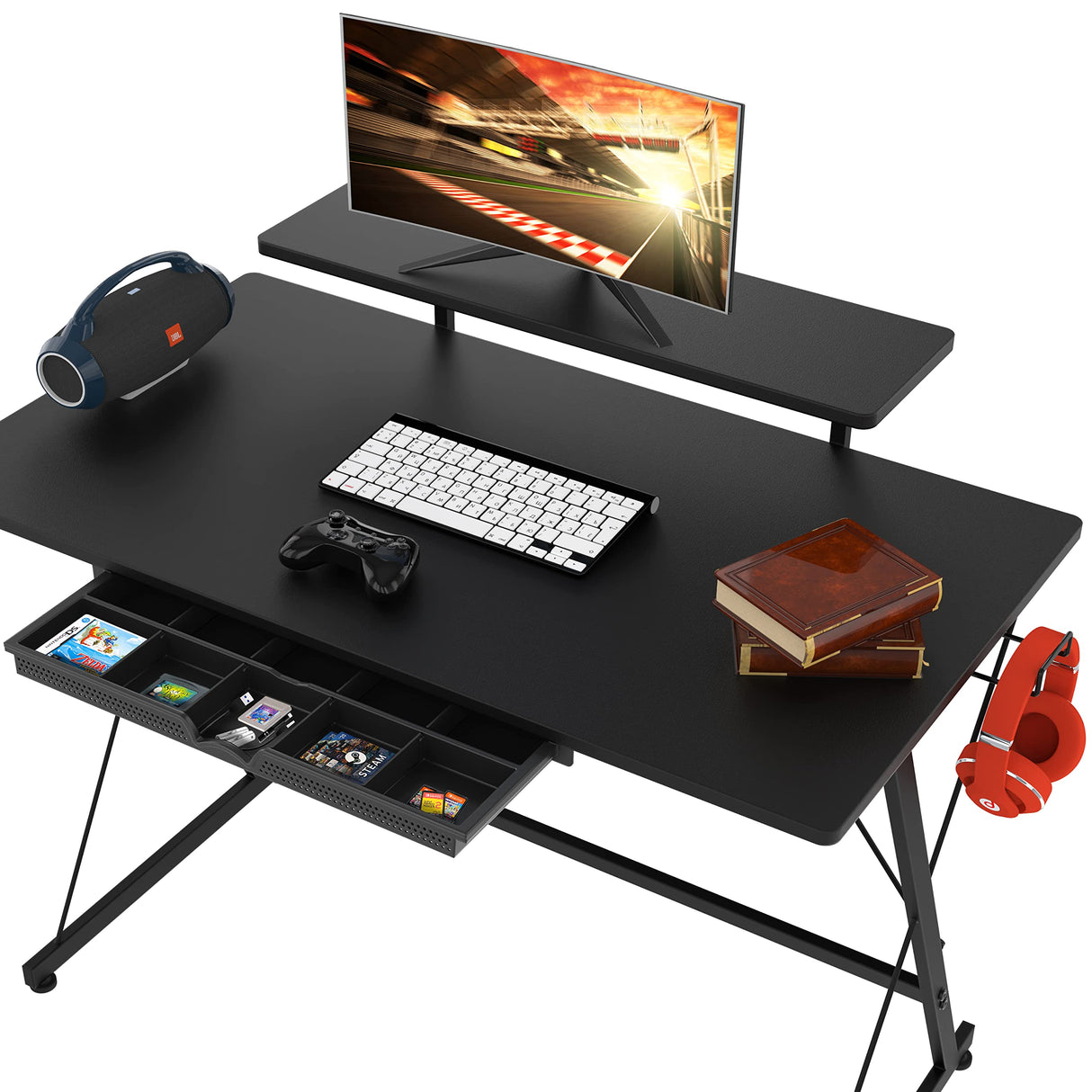 SHW 40 Inch Gaming Desk with Monitor Riser, Drawer and Hooks, Black SHW