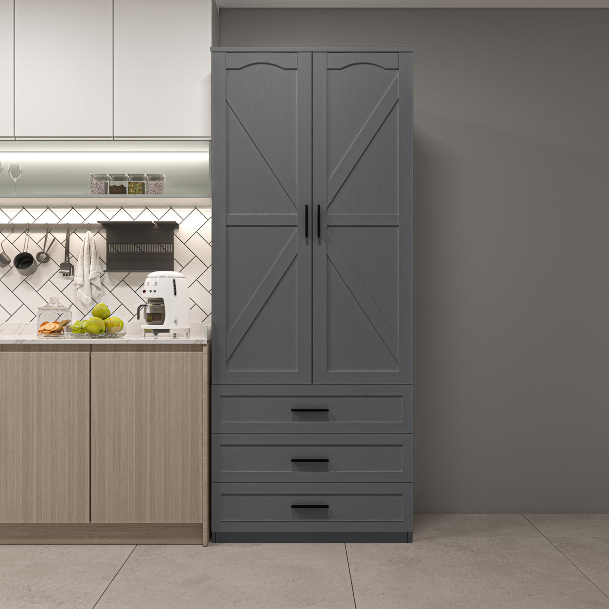 FJTJBSI 72" LED Kitchen Pantry Cabinet with 3 Drawers Farmhouse Tall Storage Cabinet Wood Food Pantry with Barn Doors and Adjustable Shelves Versatile Storage Freestanding Cupboard for Kitchen FJTJBSI