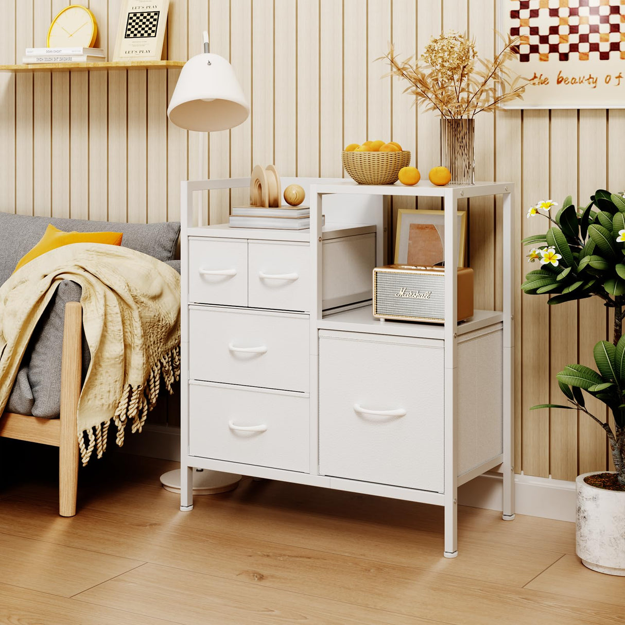 Furnulem Dresser for Bedroom Organization Fabric Dresser Units with 5 Storage Drawers Sturdy 2 Tier Shelf Large Space Dresser Bedroom Dresser for Hallway Entryway Dorm White Furnulem