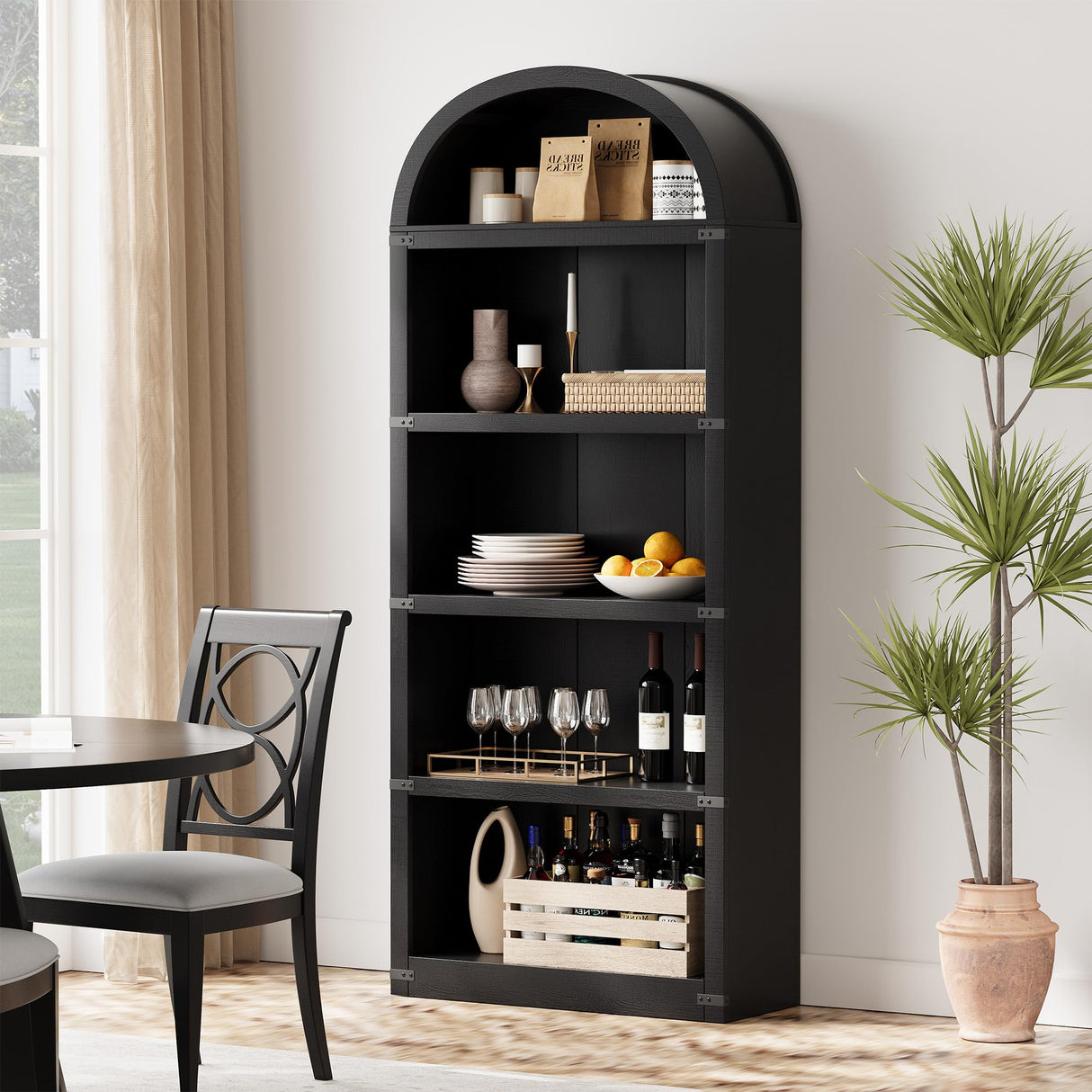 GarveeHome Bookcase 5 Shelf Arched Bookshelf 71.65 in Tall Bookcase Farmhouse Display Storage Rack Wooden Bookshelves for Home Office, Living Room GarveeHome