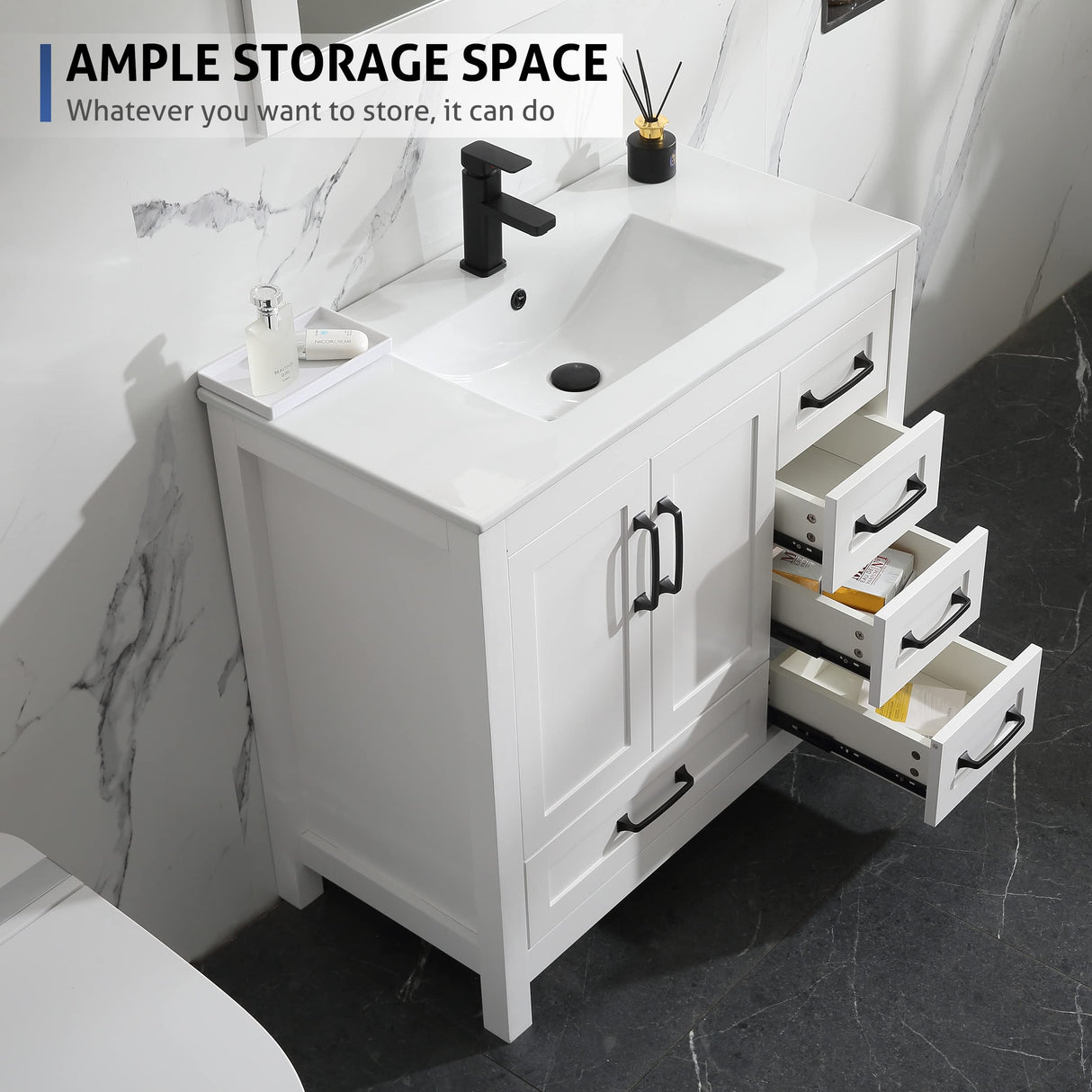 LUCKWIND 36" Bathroom Vanity and Sink Combos, Modern Bathroom Storage Cabinet with Ceramic Sink, Matte Black Faucet and 5 Drawers, Mirror is NOT Included, White LUCKWIND