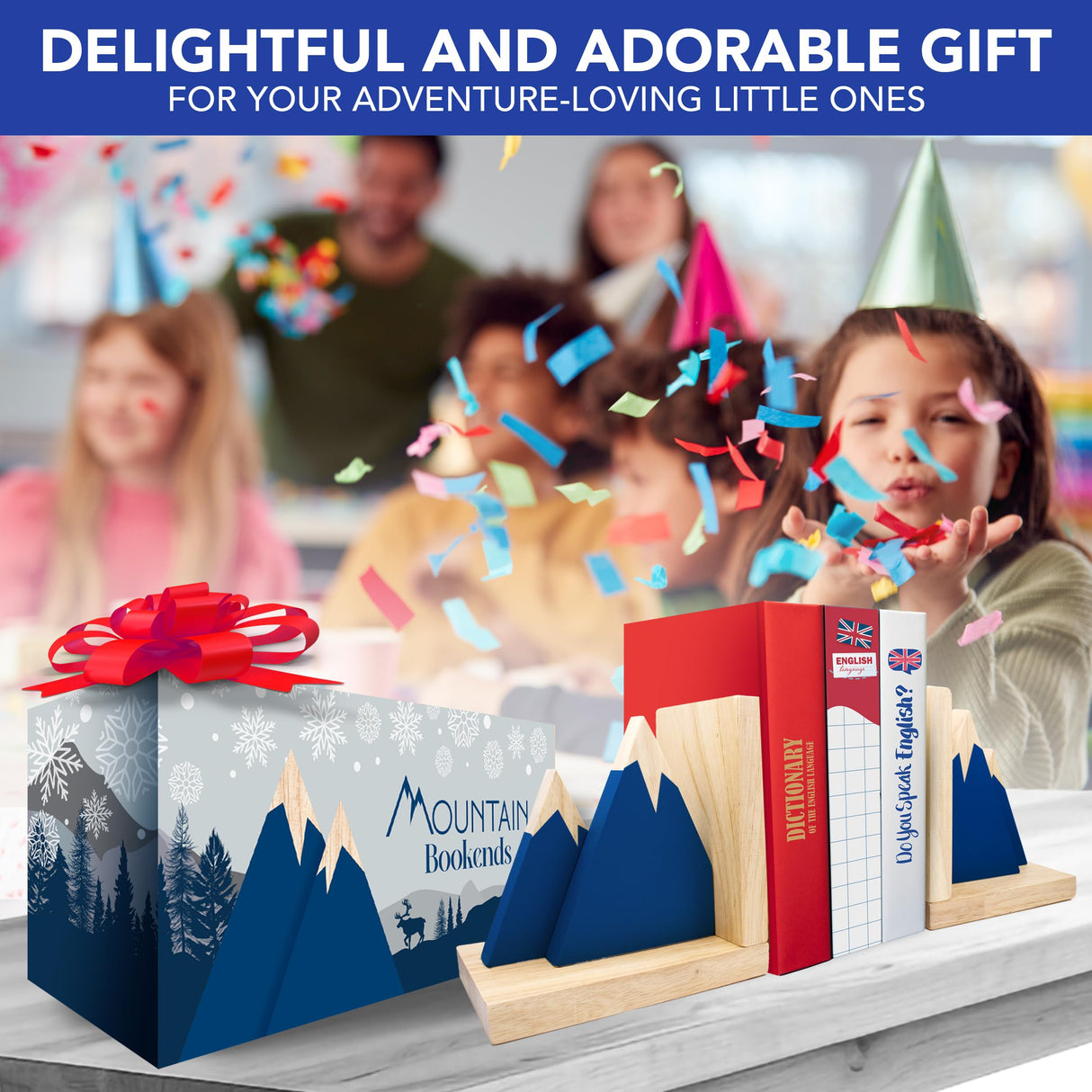 Decorably Blue Mountain Book Ends for Kids - 1 Set Non-Skid Wooden Bookends for Shelves, Book Ends for Boys Decorably