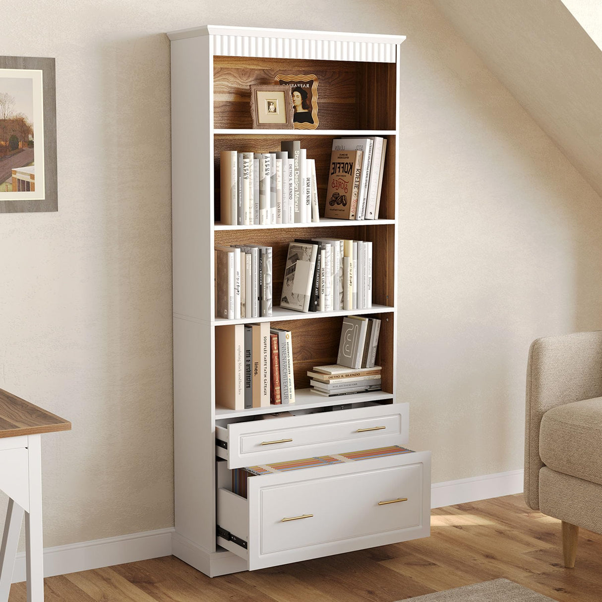 LITTLE TREE 72-Inch Tall White Bookcase, 5-Tier Wooden Open Display Bookshelf with 2 Drawers fits Letter, Legal, A4 Size, Modern Floor Standing Storage Organizer for Home Office & Living Room,Bedroom LITTLE TREE