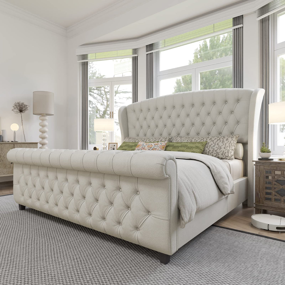AMERLIFE King Size Platform Bed Frame, Chenille Upholstered Sleigh Bed with Scroll Wingback Headboard & Footboard/Button Tufted/No Box Spring Required/Cream AMERLIFE