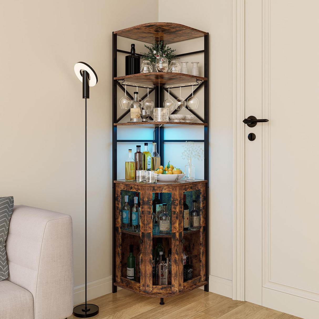 Aufvolr Wine Bar Cabinet with Power Outlet, 6-Tiers Industrial Wine Cabinet with LED Light and Glass Holder, Corner Wine Cabinet with Adjustable Shelf, Liquor Cabinet Bar for Christmas Aufvolr