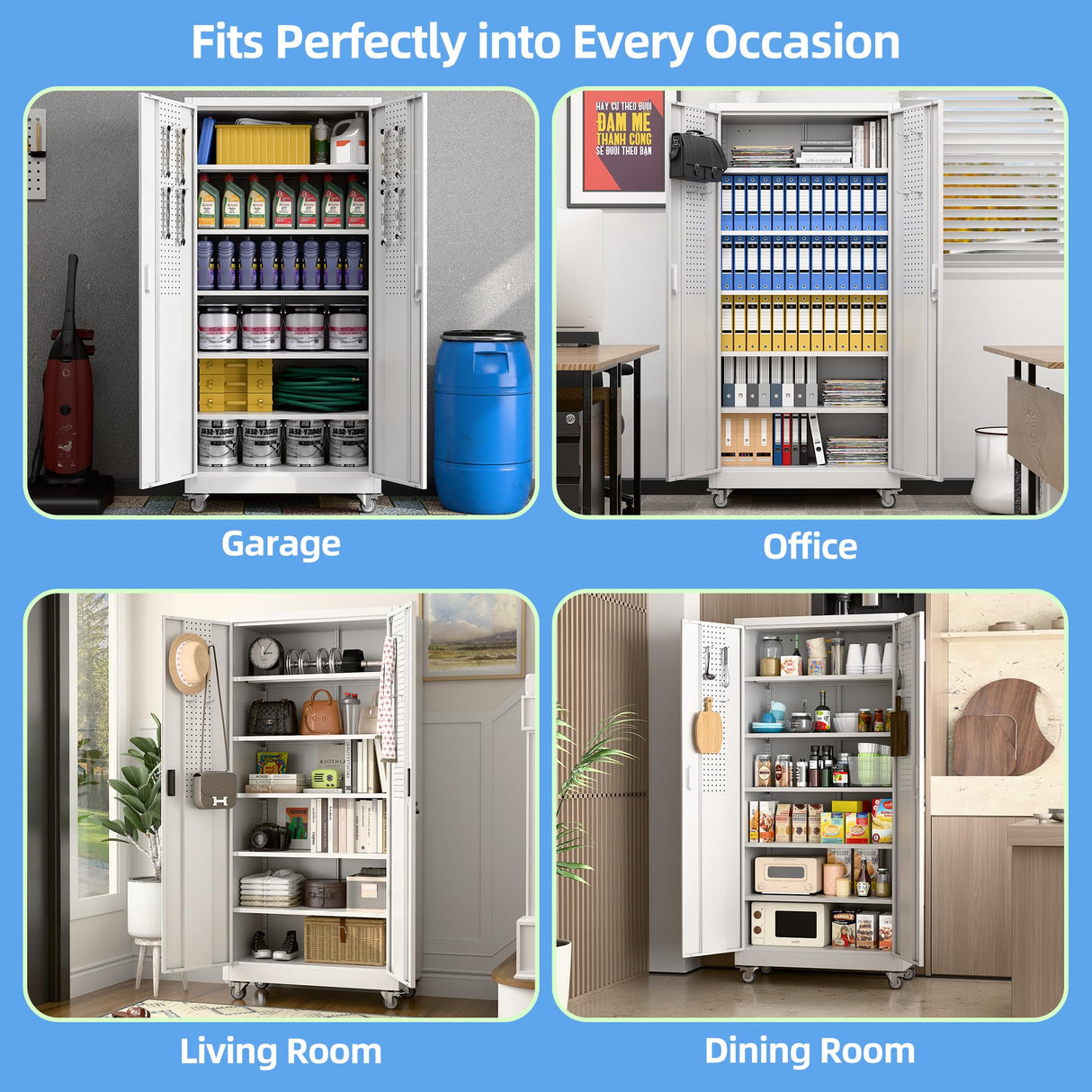 Aobabo Upgrade 71H''*32''W*16''D Metal Garage Storage Cabinet with Wheels and Pegboards, 5 Adjustable Shelves Steel Storage Cabinets for Home,Warehouse,Garage,Assembly Required,White Aobabo