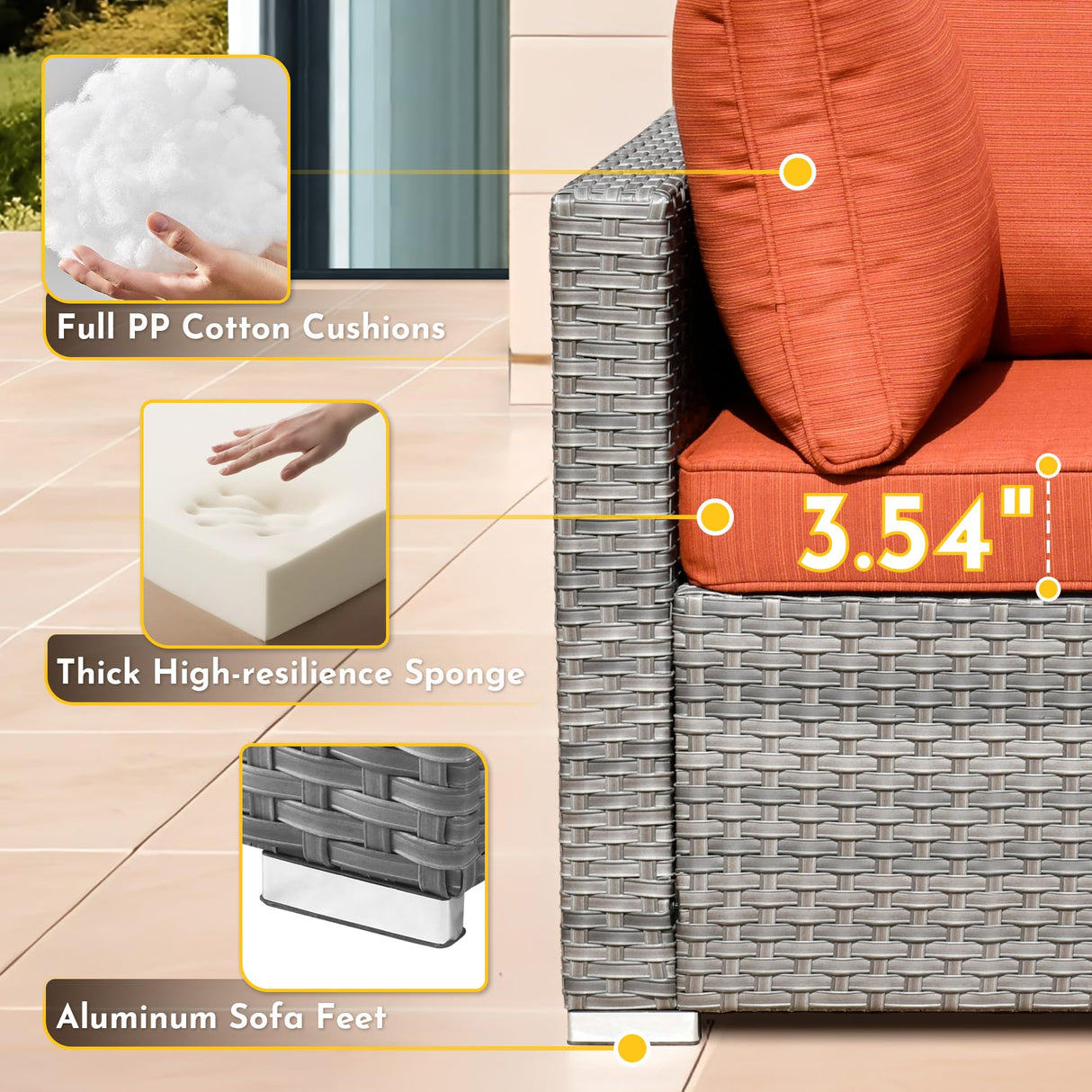 weaxty W 6 Piece Wicker Sectional Patio Furniture with Fire Pit, Outdoor Sectional Couches with 42'' Firepit Coffee Table Modern Outside Conversation Sets for Balcony Backyard Garden, Orange weaxty W