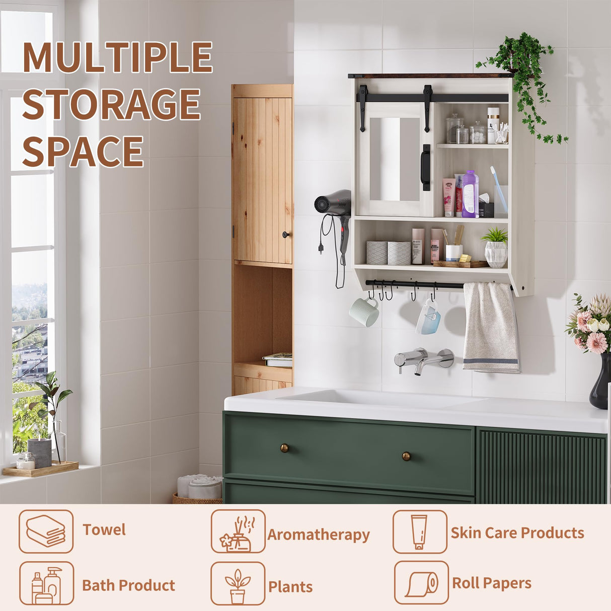 Bathroom Storage Cabinet with Mirror, Wood Farmhouse Medicine Cabinet with Adjustable Shelf, Hanging Bar S-Hooks Hair Dryer Holder, Wall Mounted Cabinet for Laundry Room Kitchen Living Room, White Cakhdry