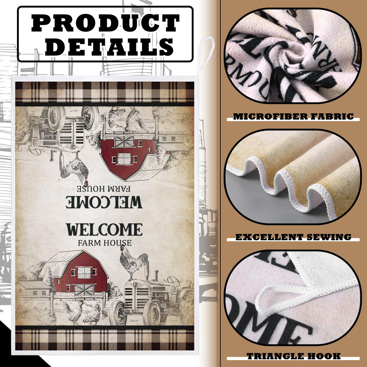 Bencailor 6 Pcs Farmhouse Kitchen Towels Chicken Rooster Kitchen Decor Farm Animal Hand Towels for Cooking Baking Housewarming Gift,15.75 x 23.62 inch(Retro Gray,Barn Farm) Bencailor