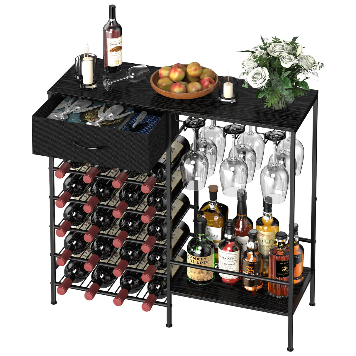 MOOACE Wine Rack Freestanding Floor, Wine Bar Cabinet with Wine Storage and Glass Holder, Mini Home Bar for Liquor Cabinet, Coffee Bar Storage for Kitchen, Dining Room, Living Room, Black MOOACE