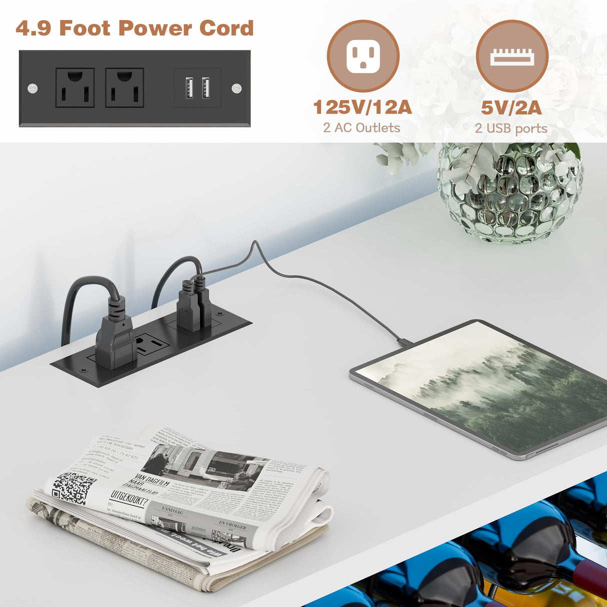 Furmax Wine Bar Cabinet for Liquor Bar Table Bar Cabinet with Lights and Outlet 4-Tier Storage Freestanding Wine Racks with Glass Holder Mini Bars for Home, Bar Furmax