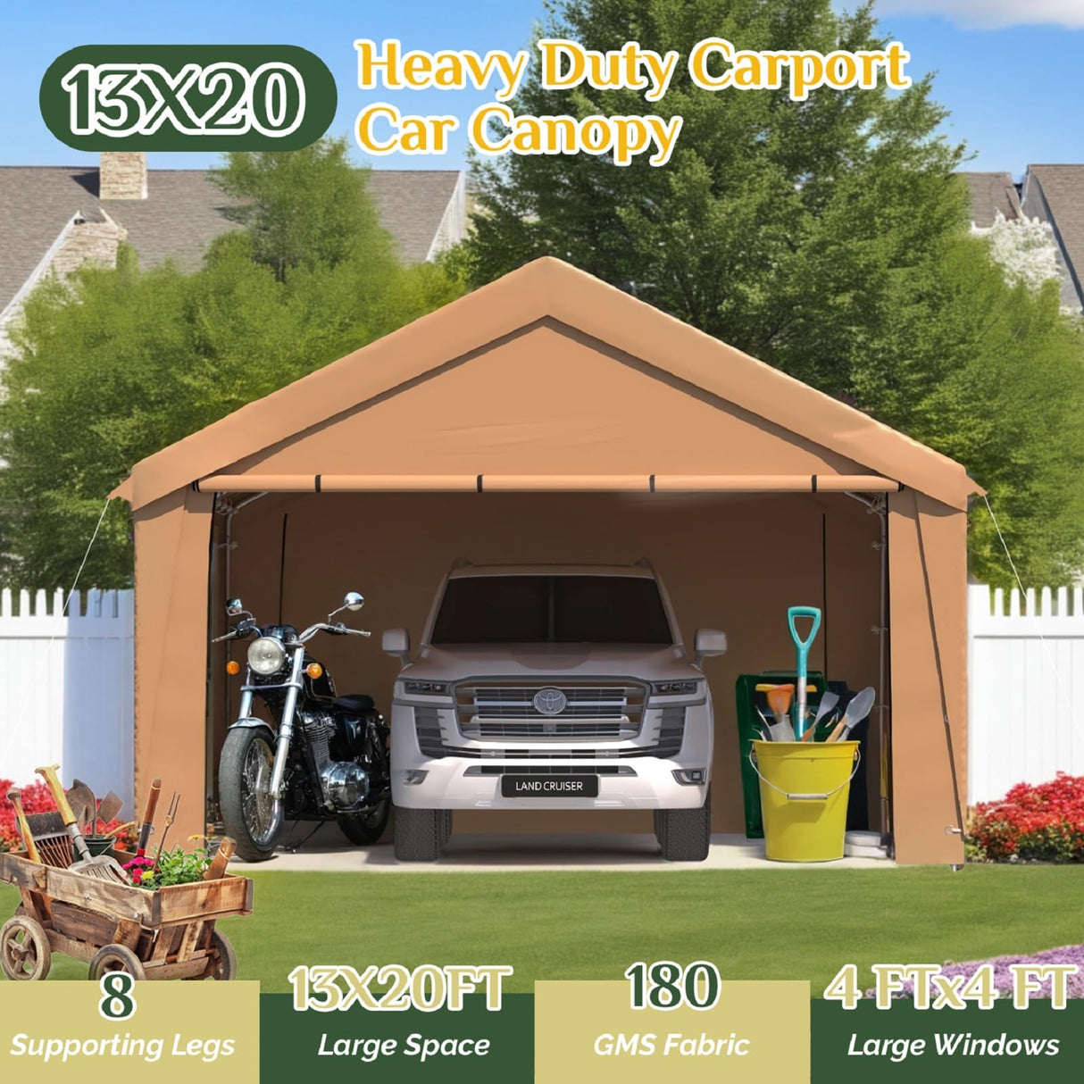 EROMMY 13' x 20' Heavy Duty Carport,Portable Garage with UV Protection & Steel Frame, Car Port with Removable Sidewalls, All-Season Car Canopy for Tractor, Truck, Boat, Yellow EROMMY