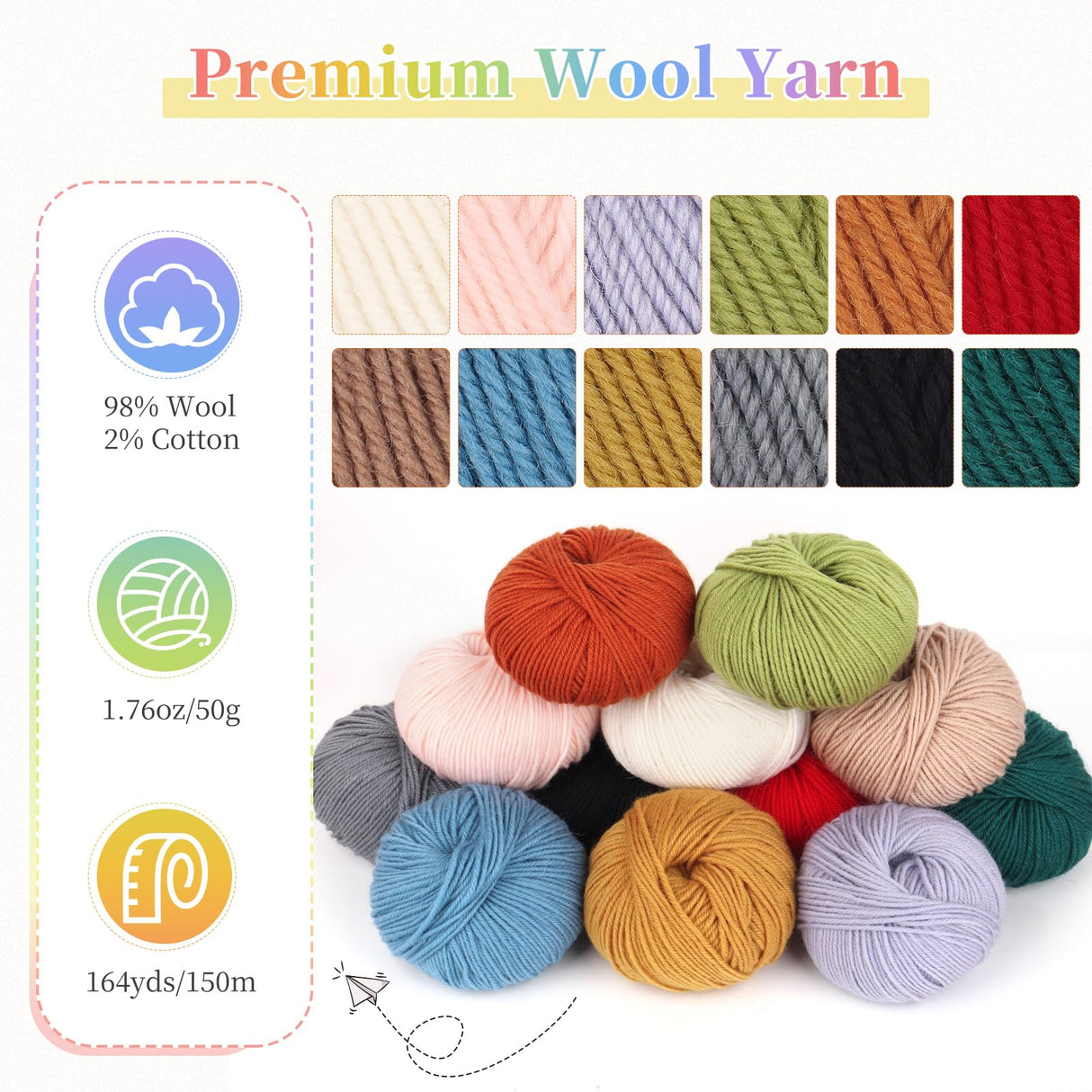 Coopay Yarn for Crocheting, 12 Premium Wool Yarns - 98% Wool 2% Cotton, 1.76oz, 164yds - Crochet Yarn for Clothes, Scarves, Blankets, Shawls (Multicolor) Coopay
