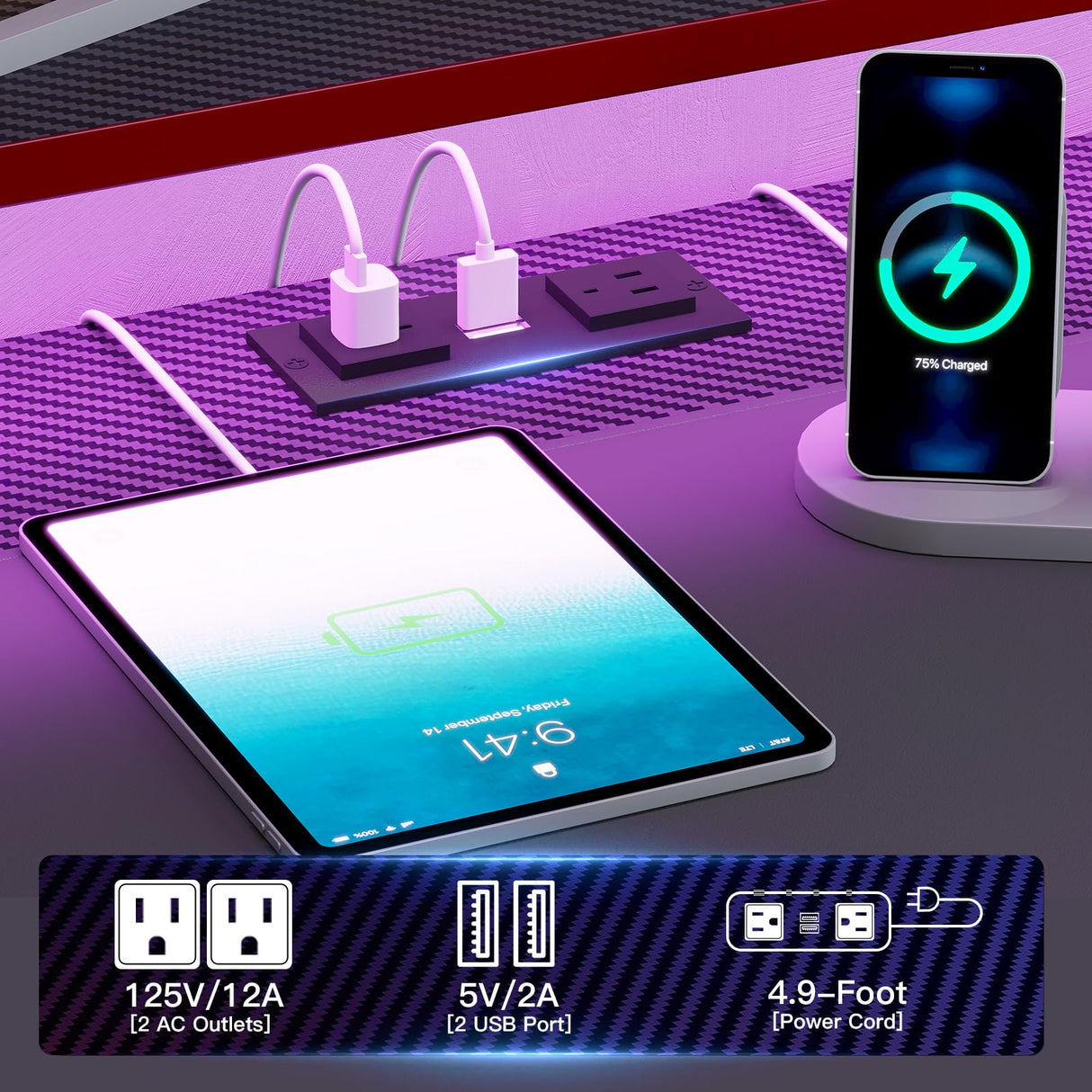 SEDETA 79" Gaming Desk, Computer Desk with 2 Fabric Drawers & LED Light, L Shaped Gaming Desk with Storage Shelf for Home Office, Carbon Fiber Black&Red SEDETA