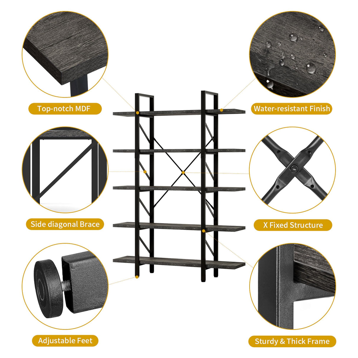 DWVO 5-Tier Bookshelf, 70.9" Tall Bookshelves Vintage BookCases with 5 Shelves Display Storage Shelves for Home Office, Living Room, Charcoal Gray DWVO