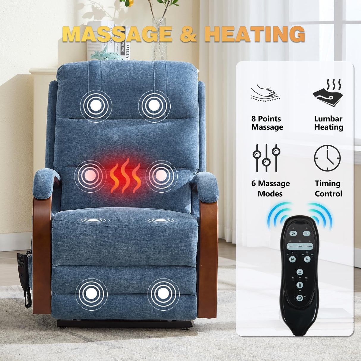 Trustyue Dual Motor Power Lift Recliner Chair, Lift Chair with Massage and Heat for Elderly, Lay Flat Recliner, Standing Assistance, Infinite Position Reclining, Living Room Chair, Chenille, Blue Trustyue