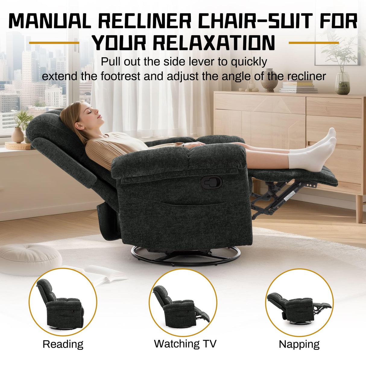 Korser Recliner Chair, Swivel Rocker Recliner Chair for Adults, Small Recliners for Small Spaces, Upholstered Manual Recliner with Side Pockets, Nursery Rocking Chair for Living Room, Chenille, Black Korser