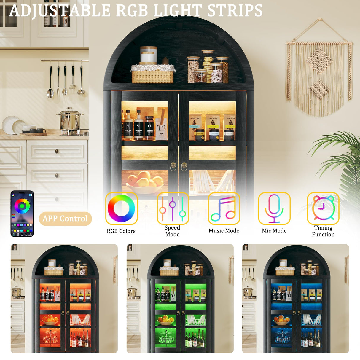 HUAHUU 71" Tall Arched Kitchen Pantry, Arched Cabinet with LED Lights, Kitchen Storage Cabinets with 2 Large Drawers & Adjustable Shelves & Glass Door for Living Room, Dining Room, Black HUAHUU