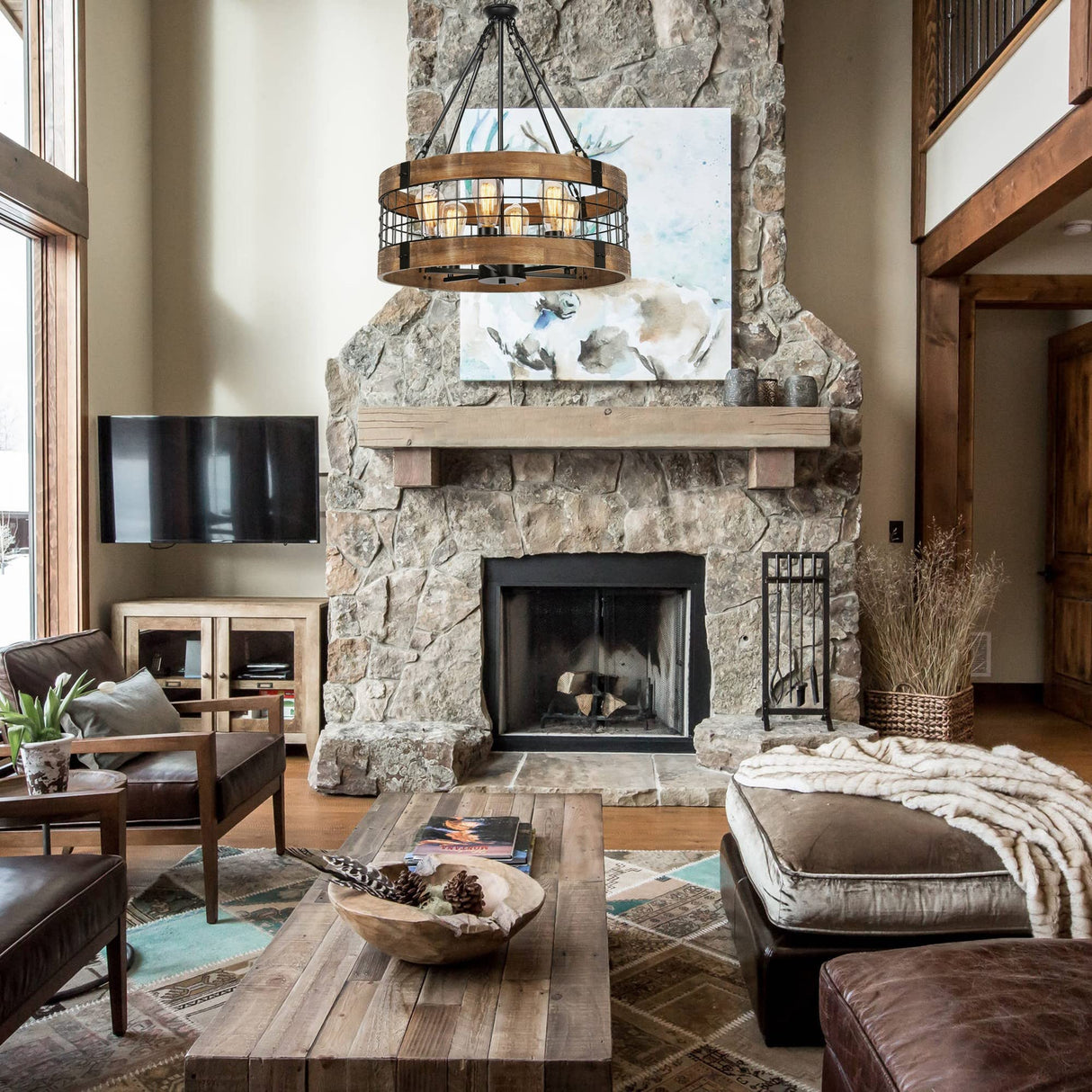 6-Light Farmhouse Wood Chandelier for Dining Room, Rustic Foyer Light Fixtures, Industrial Drum Hanging Lights for Kitchen Island Entryway, Nature Wood Texture and Black Metal Finish WOAEKR