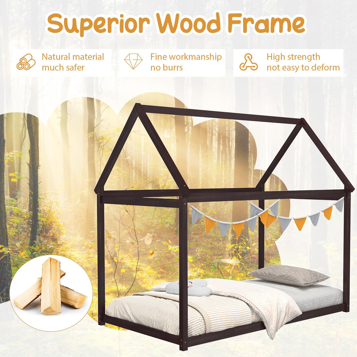 Giantex Espresso Twin House Bed Frame with Canopy - Montessori-Inspired Low Floor Bed for Kids and Teens Giantex