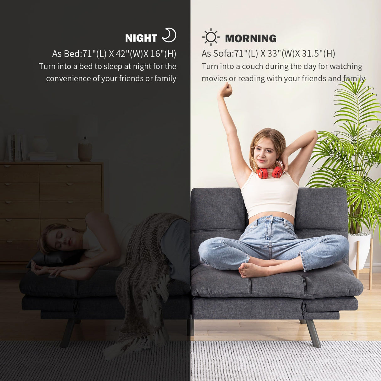Cozysnooze Convertible Futon Sofa Bed Couch,Linen Fabric Futon Sofa Couch,Memory Foam Futons,Small Splitback Modern Loveseat Sleeper Couch Bed for Living Room,Office,Apartment,Dark Grey Cozysnooze