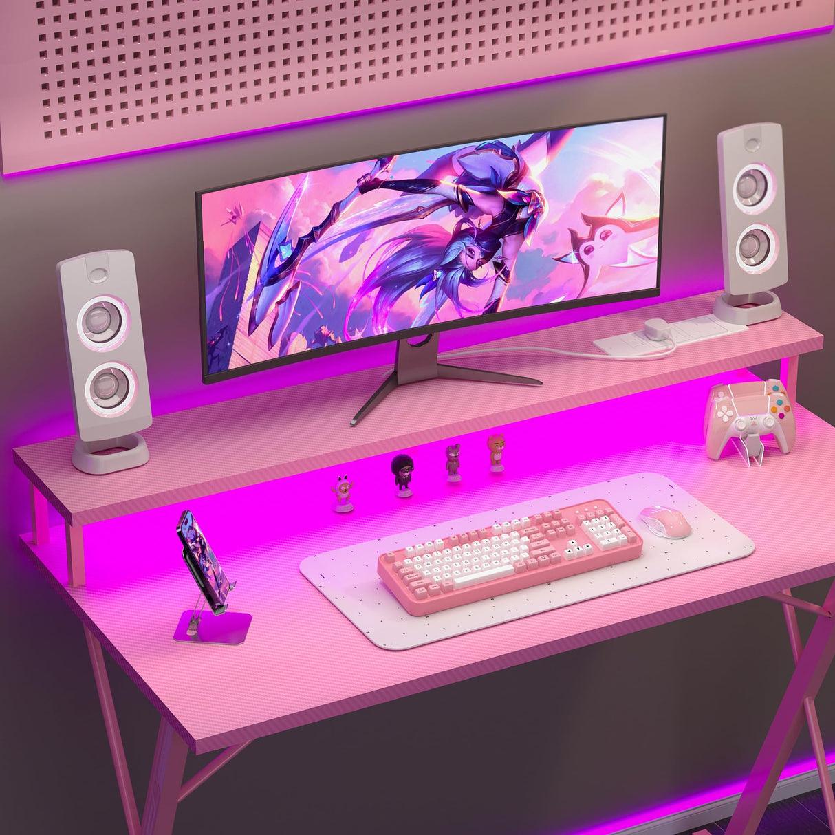 TIQLAB Gaming Desk with Power Outlets & LED 40 Inch Ergonomic Computer Carbon Fiber Surface Gamer Desk, Large Monitor Stand, Headphone Hook, PC Workstation for Bedroom, Pink Desk TIQLAB