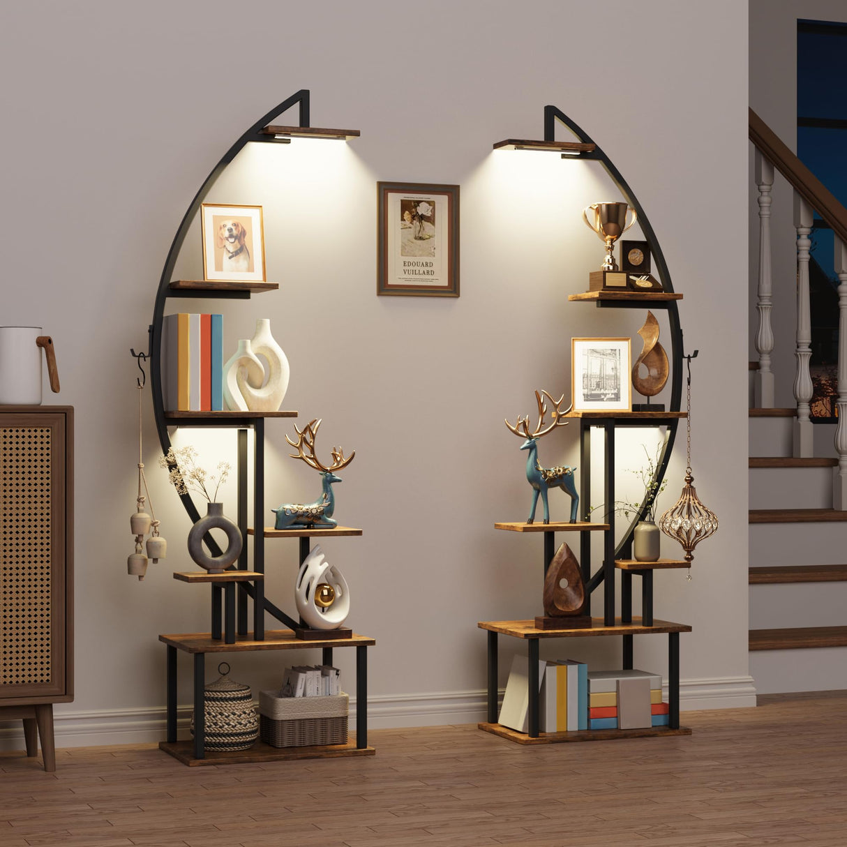 BECOKOME Tall Bookshelf with Lights, 2 Pack Ladder Bookcase, 7 Tier Arched Home Office Storage Book Collectibles Shelves, 64" Modern Corner Display Shelf for Bedroom Living Room Balcony, Rustic Brown BECOKOME