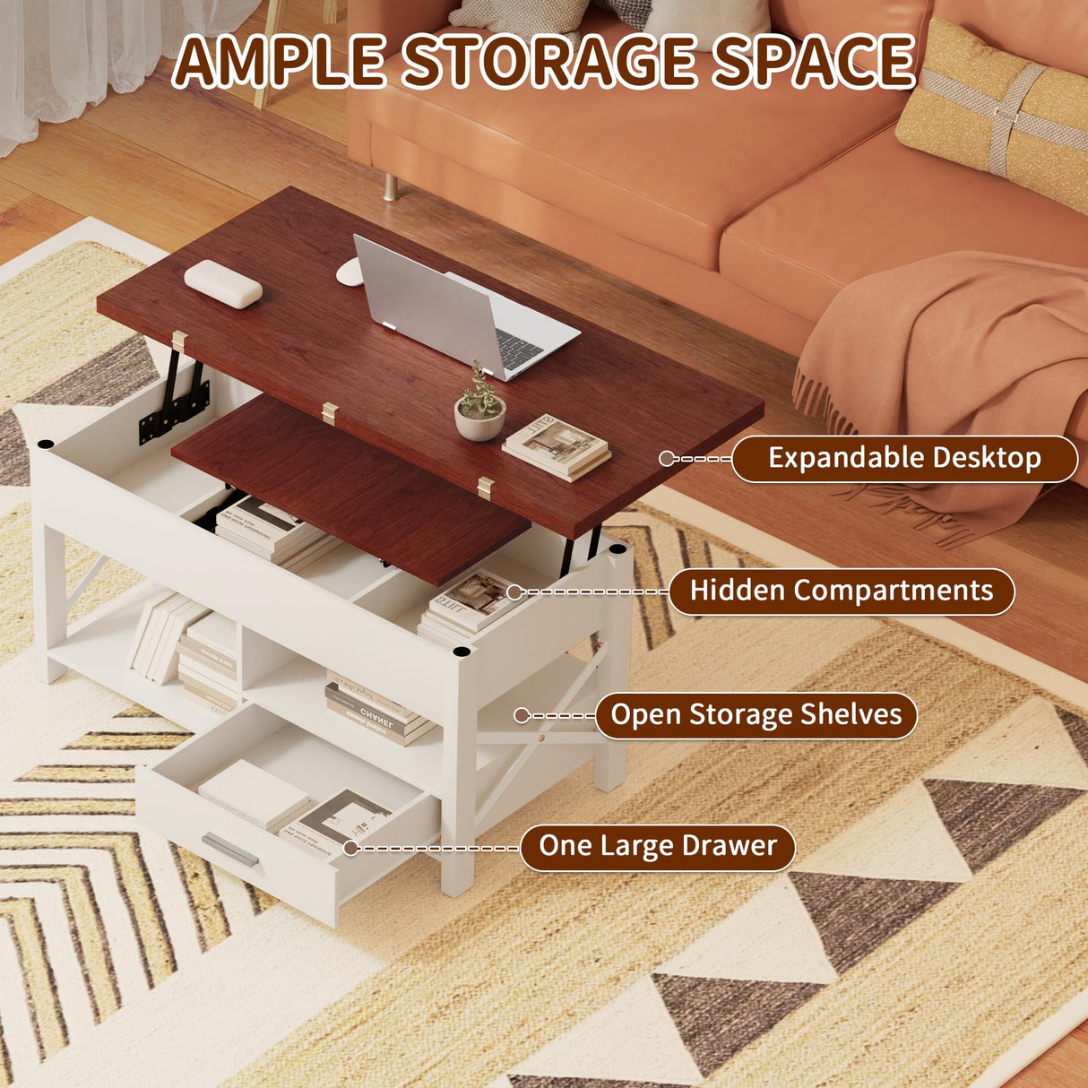 Coffee Table wth Lifting Top, Convertible Lift Top Coffee Table with Storage Drawer and Hidden Compartment, Farmhouse Lift Up Coffee Tables Converts to Dining Table for Living Room, Home Office, White VLOJELRY