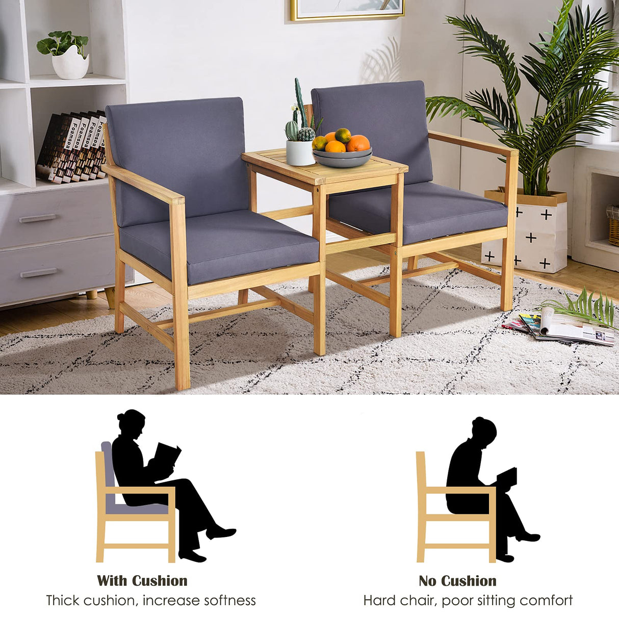 DORTALA Acacia Wood Patio Set, 3-Piece Wooden Love Seat with Cushions &Table, 2-Seater Outdoor Furniture Set, Patio Conversation Set for Garden Backyard Balcony Patio Poolside DORTALA