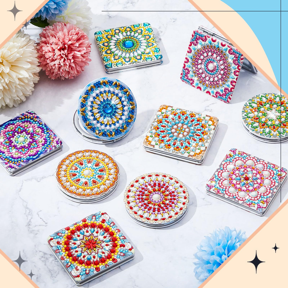 Kigley 12 Pcs Mandala Makeup Diamond Painting Mirror DIY Pocket Mirror Compact Diamond Art Kits for Adults Portable Crystal Magnifying Folding Purse Mirror for Beginners Women Man Crafts Kigley