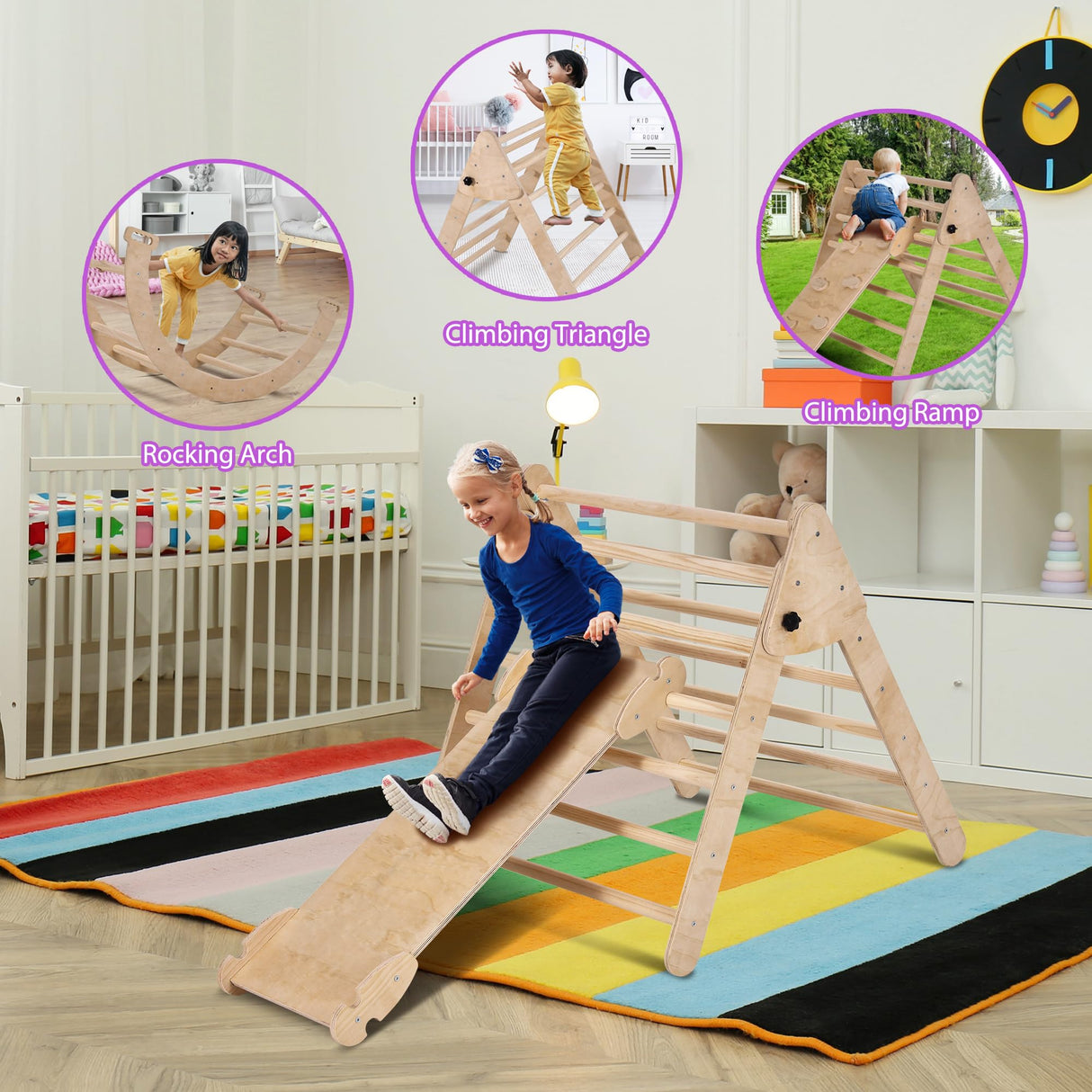 Agiyimi 4 in 1 Pikler Triangle Climber, Foldable Wooden Triangle Ladder Montessori Climbing Toys with Ramp Arch Climber Rocker Indoor Outdoor Gym Playground Climbing Toys for Toddlers(Natural) Agiyimi