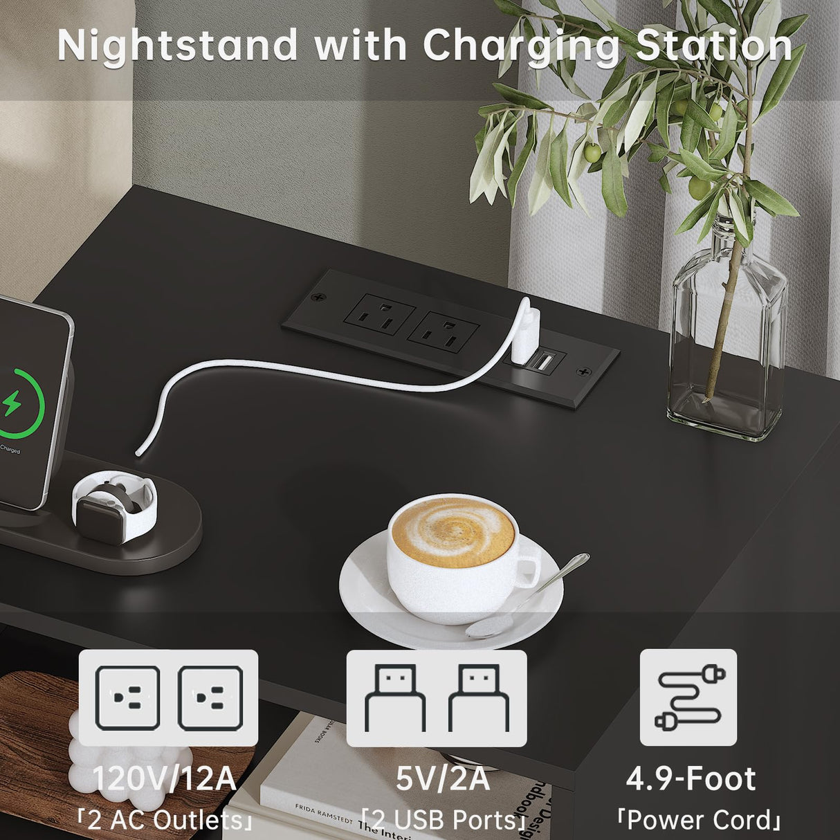 Diliplain Nightstand with Charging Station, Black Night Stand with LED Lights, Modern Side Table with Drawers and Open Shelf, End Table with Solid Wood Legs for Bedroom Diliplain