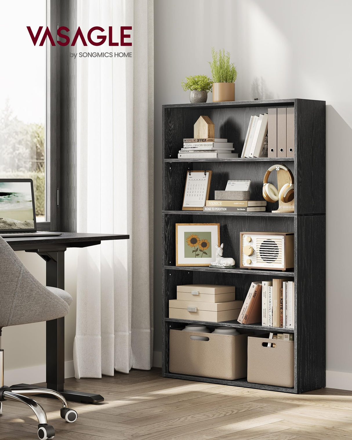 VASAGLE Custos Collection - Bookshelf, 5-Tier Bookcase, Book Shelf, Open Storage Shelf, 9.4 x 30 x 52.8 Inches, for Living Room, Home Office, Dinning Room, Ebony Black ULBC175T56 VASAGLE