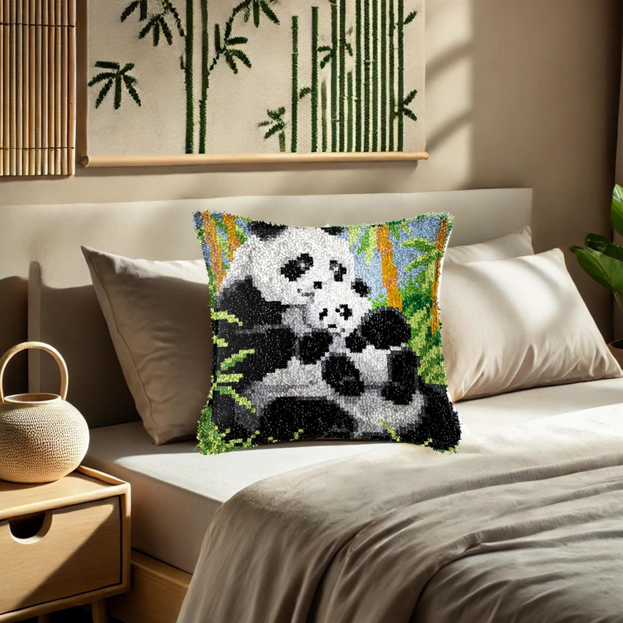 GemJelry Latch Hook Kits for Adults Kids DIY Animal Panda Pillow Cover Beginner Cross Stitch Kits with Preprinted Canvas Crochet Yarn Embroidery Hooking Kit Sofa Home Decor 17'' X 17'' GemJelry