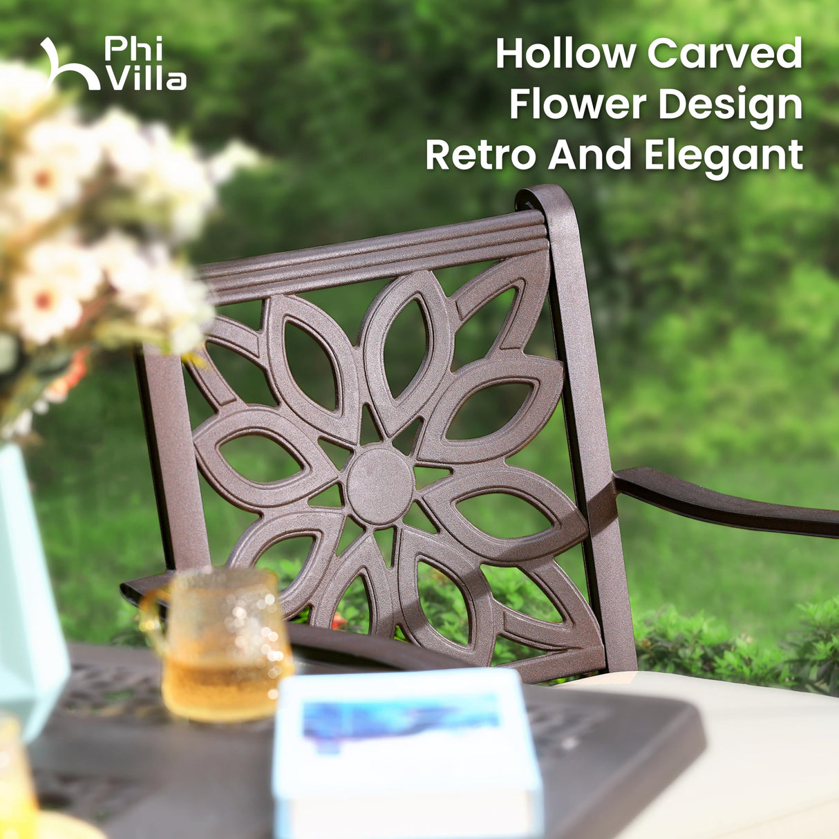 PHI VILLA Cast Aluminum Patio Dining Set for 6 Person, 7 Piece Outdoor Patio Set with 64" x 37" Cast-Top Aluminum Table(2.3" Umbrella Hole), 4 Dining Chairs and 2 Swivel Rockers with Seat Cushions PHI VILLA