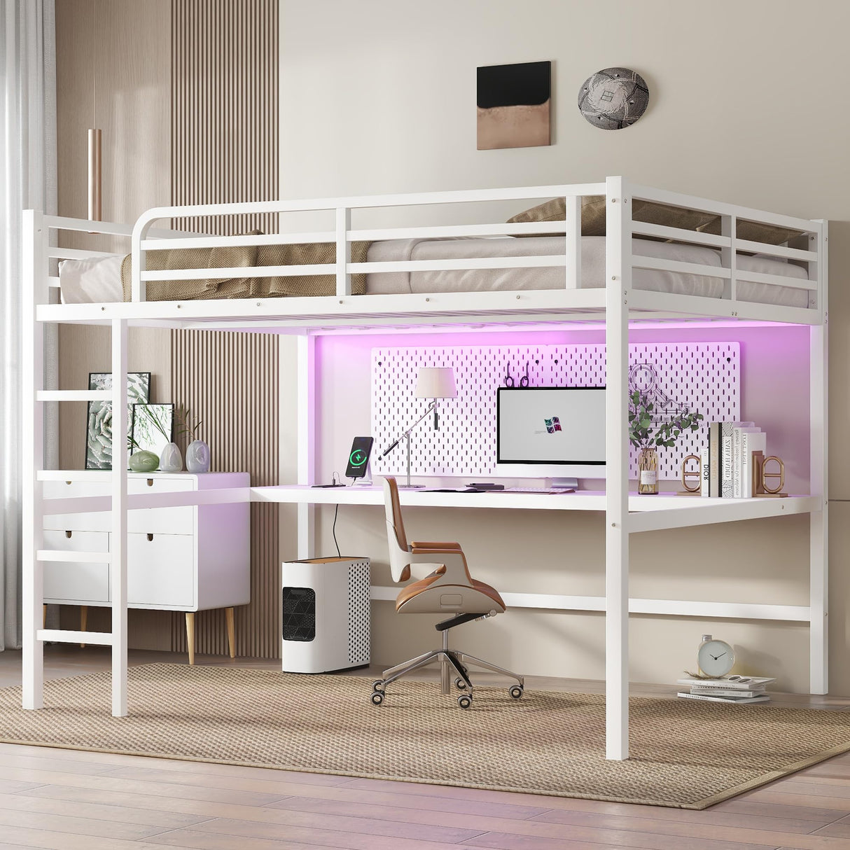 Queen Size Metal Loft Bed with Desk, LED Lights & USB Charging Station, Sturdy Noise-Free High Loft Bed Frame with Safety Guardrails, Space-Saving Loft Bedframe for Adults, Teens (Queen-White) XUWANSHANG
