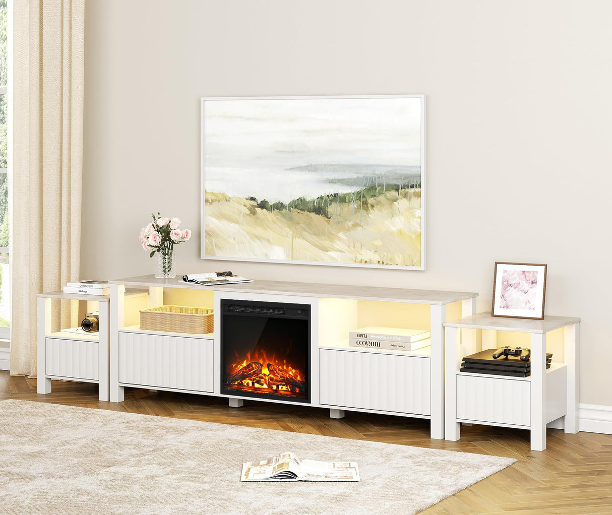 WAMPAT Living Room Table Set of 3, Modern Fireplace TV Stand for 75 inch TV with 5 Storages, 2 Wood End Table LED Night Stand with Door for Living Room, Bedroom, White WAMPAT